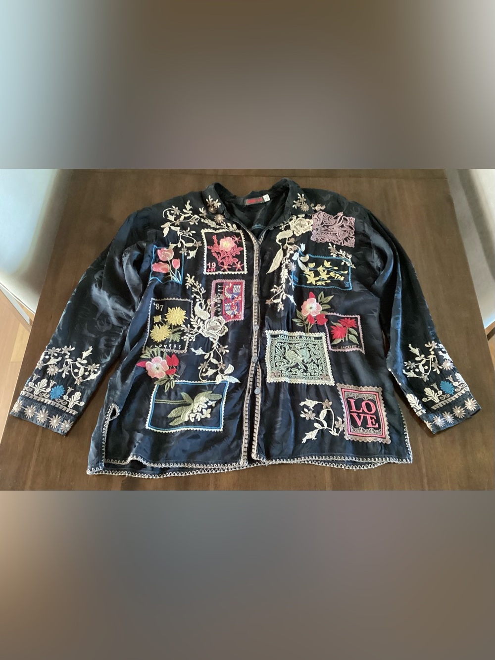 Johnny Was Black Floral Love Embroidered Patchwork Buttoned Tunic Blouse W Small